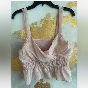 Maeve by Anthropologie pink rose striped shirred linen blend tank